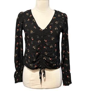 Urban Outfitters Black Deep V Cinched Floral Long Sleeve Crop Top Size Small